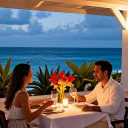 Caribbean Holidays, Cura&ccedil;ao Couples Holidays, Romantic dinner for two at an outdoor restaurant in Cura&ccedil;ao, with candlelight, tropical plants and a view of the sea