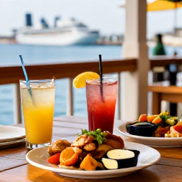 Caribbean Holidays, Cura&ccedil;ao Cruises February, A relaxed Cura&ccedil;ao waterfront restaurant serving colourful Caribbean food and cool drinks beneath shaded tables in warm daylight