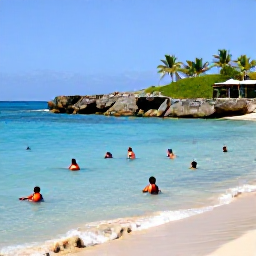 Caribbean Holidays, Cura&ccedil;ao Cruises February, Travellers swimming and snorkelling in clear turquoise water at a sandy Cura&ccedil;ao beach, with rocky coastline and palm trees
