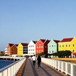 Caribbean Holidays, Cura&ccedil;ao Cruises February, Visitors strolling across the Queen Emma pontoon bridge towards colourful Willemstad buildings on a sunny February morning