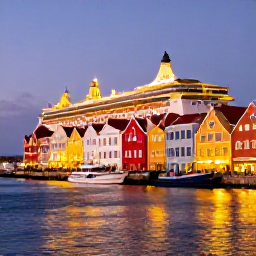 Caribbean Holidays, Curacao Cruises, Golden evening light over Willemstad waterfront in Cura&ccedil;ao, with illuminated pastel buildings, harbour boats and a relaxed dining scene