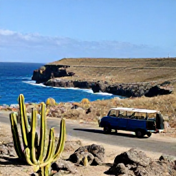 Caribbean Holidays, Curacao Cruises, Scenic Cura&ccedil;ao landscape with cacti, rugged coastline and a small excursion vehicle under bright Caribbean sunshine