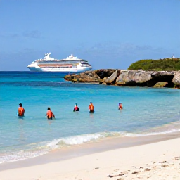 Caribbean Holidays, Curacao Cruises, Turquoise Caribbean sea and a sandy beach on Cura&ccedil;ao, with snorkellers near a sheltered cove and rocky coastline