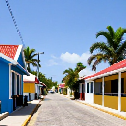 Caribbean Holidays, Cura&ccedil;ao Culture Holidays, Quiet Cura&ccedil;ao village street with traditional houses, tropical plants and local island life under clear blue skies