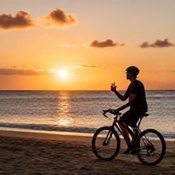 Caribbean Holidays, Curacao Cycling Holidays, Comfortable cyclist enjoying a sunset drink near a Cura&ccedil;ao beach after a day of riding