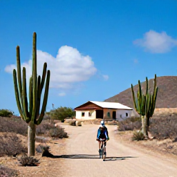 Caribbean Holidays, Curacao Cycling Holidays, Cyclist exploring a dry Cura&ccedil;ao landscape with tall cacti, low hills and a traditional island building under a bright blue sky