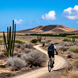 Caribbean Holidays, Cura&ccedil;ao Cycling Holidays, Cyclist exploring a rural Cura&ccedil;ao landscape with cacti, dry scrub, distant hills and a bright blue sky
