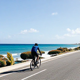 Caribbean Holidays, Cura&ccedil;ao Cycling Holidays, Cyclist riding a quiet coastal road beside the turquoise sea in Cura&ccedil;ao in warm May sunshine