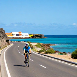 Caribbean Holidays, Curacao Cycling Holidays, Cyclist riding along Cura&ccedil;ao&rsquo;s sunny coastal road in March, with turquoise sea, rugged limestone and colourful island scenery