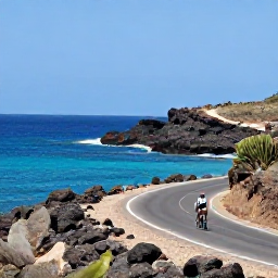 Caribbean Holidays, Cura&ccedil;ao Cycling Holidays, Road cyclist travelling along Cura&ccedil;ao&rsquo;s rugged west coast with clear blue water, rocky shoreline and cactus vegetation
