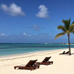 Caribbean Holidays, Cura&ccedil;ao December Beaches, A bright Caribbean beach in Cura&ccedil;ao in December, with calm turquoise water, white sand, sun loungers and a few palm trees