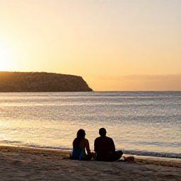 Caribbean Holidays, Cura&ccedil;ao December Beaches, A couple relaxing on a Cura&ccedil;ao beach at sunset, with warm golden light, calm sea and the island coastline in the background