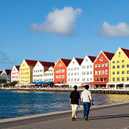 Caribbean Holidays, Cura&ccedil;ao December Beaches, A couple walking beside the colourful waterfront buildings of Willemstad, Cura&ccedil;ao, on a sunny December afternoon