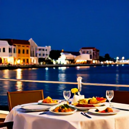 Caribbean Holidays, Cura&ccedil;ao December Breaks, Outdoor evening table at a Cura&ccedil;ao restaurant serving local food beside the illuminated Willemstad waterfront