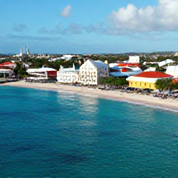 Caribbean Holidays, Curacao December Holidays, A bright aerial view of Curacao&rsquo;s turquoise Caribbean sea, sandy beach and colourful Willemstad buildings in warm December sunshine
