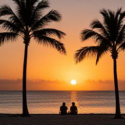 Caribbean Holidays, Curacao December Holidays, A couple enjoying a quiet sunset from a Curacao beach, with palm silhouettes and warm orange light over the Caribbean Sea
