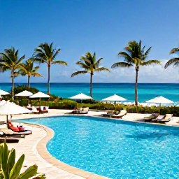Caribbean Holidays, Curacao December Holidays, A stylish all-inclusive resort pool beside a palm-fringed Curacao beach, with guests relaxing under umbrellas