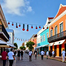 Caribbean Holidays, Cura&ccedil;ao December Holidays, Colourful festive street decorations and local people enjoying December celebrations in Willemstad, Cura&ccedil;ao, with historic Dutch colonial buildings