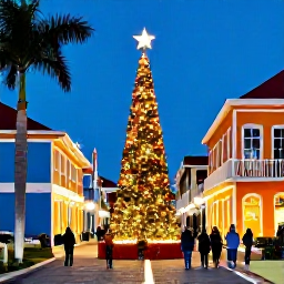 Caribbean Holidays, Cura&ccedil;ao December Holidays, Twinkling Christmas lights and festive decorations around a colourful Cura&ccedil;ao neighbourhood at dusk, with families walking through the streets