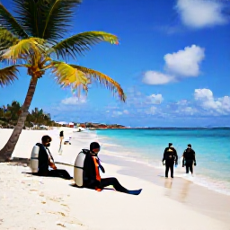 Caribbean Holidays, Cura&ccedil;ao Diving August, Friendly divers relaxing beside a sunny Cura&ccedil;ao beach after a morning scuba dive, with palm trees and turquoise sea