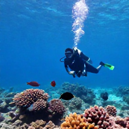 Caribbean Holidays, Cura&ccedil;ao Diving August, Scuba diver swimming beside Cura&ccedil;ao's shallow coral reef, surrounded by parrotfish, angelfish and clear calm Caribbean water