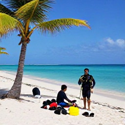 Caribbean Holidays, Cura&ccedil;ao Diving July, Friendly divers preparing equipment beside a sunny Cura&ccedil;ao beach with palm trees and blue sea