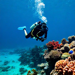 Caribbean Holidays, Cura&ccedil;ao Diving June, A scuba diver descending beside a colourful coral reef in clear turquoise water off Cura&ccedil;ao in June