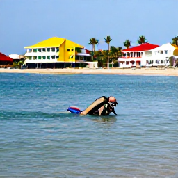 Caribbean Holidays, Cura&ccedil;ao Diving November, A diver entering calm Caribbean water from a sandy beach on Cura&ccedil;ao, with colourful buildings and palm trees in the background