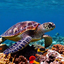 Caribbean Holidays, Cura&ccedil;ao Diving November, Close-up underwater scene of a sea turtle swimming over coral and colourful tropical fish near Cura&ccedil;ao