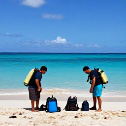Caribbean Holidays, Cura&ccedil;ao Diving October, Friendly dive instructors preparing equipment beside a tropical beach in Cura&ccedil;ao