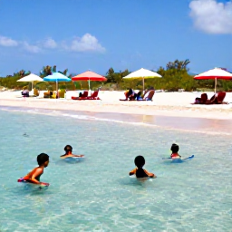 Caribbean Holidays, Cura&ccedil;ao Family Holidays, A colourful family-friendly beach in Cura&ccedil;ao with children snorkelling in shallow clear water while parents relax beneath umbrellas