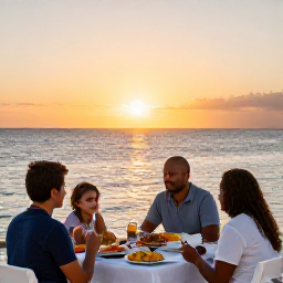 Caribbean Holidays, Cura&ccedil;ao Family Holidays, A family enjoying a relaxed sunset dinner beside the sea in Cura&ccedil;ao, with warm evening light, simple local food and a welcoming holiday atmosphere