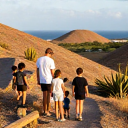 Caribbean Holidays, Cura&ccedil;ao Family Holidays, A family exploring a Cura&ccedil;ao nature trail with dry hills, cacti, sea views and native island wildlife in warm afternoon light