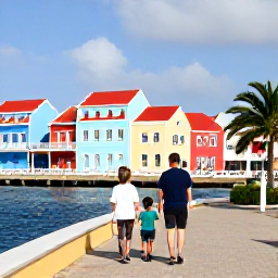 Caribbean Holidays, Cura&ccedil;ao Family Holidays, A family walking through colourful Willemstad in Cura&ccedil;ao, with pastel buildings, the Queen Emma Bridge and a relaxed waterfront atmosphere