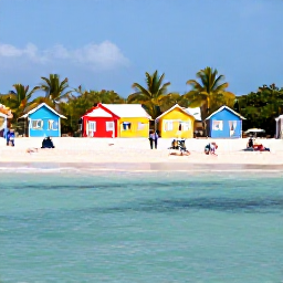 Caribbean Holidays, Cura&ccedil;ao Family Holidays, A sunny Cura&ccedil;ao beach with calm turquoise water, colourful beach huts, palm trees and a family enjoying a relaxed day by the sea