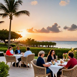Caribbean Holidays, Curacao February Holidays, All-inclusive Curacao resort terrace at sunset with outdoor dining, tropical gardens and guests enjoying a relaxed evening