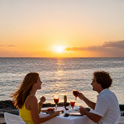 Caribbean Holidays, Cura&ccedil;ao February Holidays, Couple enjoying a sunset dinner beside the sea in Cura&ccedil;ao, with warm evening light and a relaxed holiday setting