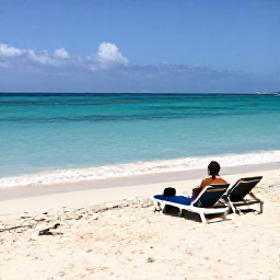 Caribbean Holidays, Cura&ccedil;ao February Holidays, Cura&ccedil;ao beach with clear turquoise water, white sand, sun loungers and a relaxed traveller enjoying the Caribbean coast