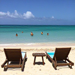 Caribbean Holidays, Cura&ccedil;ao February Holidays, Quiet Cura&ccedil;ao beach with sun loungers, snorkellers in clear water and a relaxed February holiday atmosphere