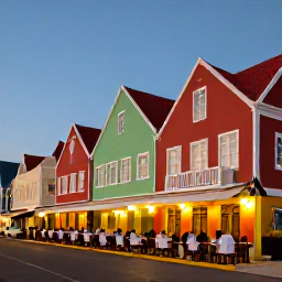 Caribbean Holidays, Cura&ccedil;ao February Holidays, Relaxed evening in Willemstad, Cura&ccedil;ao, with illuminated colourful buildings, outdoor dining and a warm Caribbean sunset