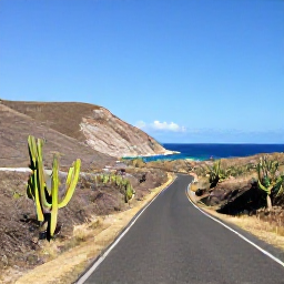 Caribbean Holidays, Cura&ccedil;ao February Tours, Cura&ccedil;ao countryside road leading past cacti and dry hills towards a secluded beach under a clear blue sky