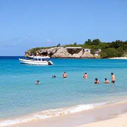 Caribbean Holidays, Cura&ccedil;ao February Tours, Small tour boat approaching a sheltered Cura&ccedil;ao bay with snorkellers, bright turquoise water and a sandy beach