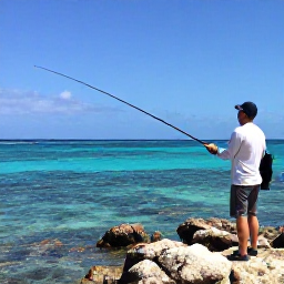 Caribbean Holidays, Cura&ccedil;ao Fishing April, Experienced Cura&ccedil;ao fishing guide showing an angler how to cast beside a colourful Caribbean reef