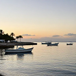 Caribbean Holidays, Cura&ccedil;ao Fishing April, Peaceful Cura&ccedil;ao harbour at sunrise with fishing boats, palm trees and a warm Caribbean sky