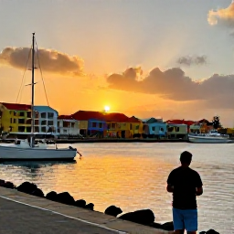 Caribbean Holidays, Cura&ccedil;ao Fishing August, A relaxed traveller enjoying a sunset beside a Cura&ccedil;ao harbour after a fishing trip, with colourful buildings and moored boats