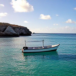 Caribbean Holidays, Cura&ccedil;ao Fishing August, A small fishing boat on clear turquoise water off Cura&ccedil;ao at sunrise, with rugged coastline and calm Caribbean seas