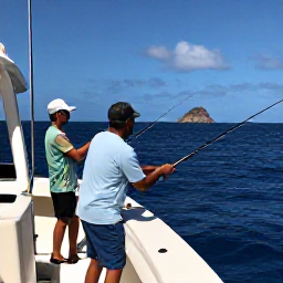 Caribbean Holidays, Cura&ccedil;ao Fishing August, Anglers in a comfortable charter boat casting lines over deep blue water near Cura&ccedil;ao, with fishing rods and a dramatic island horizon