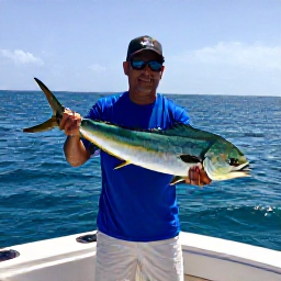Caribbean Holidays, Cura&ccedil;ao Fishing December, A friendly local fishing guide showing a visitor how to handle a large mahi-mahi aboard a Cura&ccedil;ao charter boat, surrounded by sparkling Caribbean water