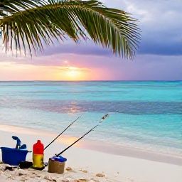 Caribbean Holidays, Cura&ccedil;ao Fishing December, A peaceful Cura&ccedil;ao beach beside clear shallow water, with fishing gear resting near a shaded palm and a colourful sunset over the Caribbean Sea