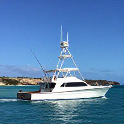 Caribbean Holidays, Cura&ccedil;ao Fishing December, A sport fishing boat on calm turquoise water off the coast of Cura&ccedil;ao in December, with a bright blue sky and rugged shoreline in the distance